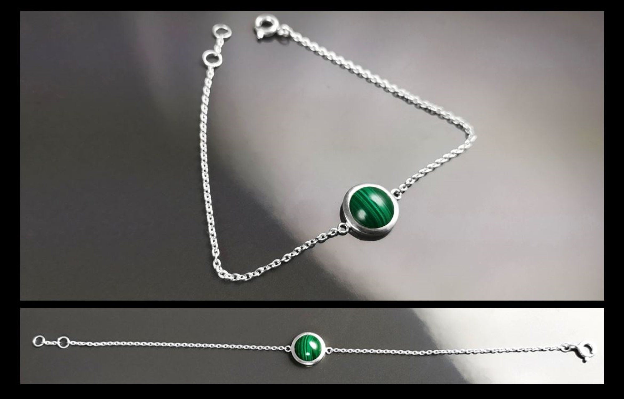 Green Round Bracelet, Sterling Silver, Genuine Malachite Gemstone, Green Stone Bracelet, Birthstone Jewelry, Modern Minimalist Style Gift