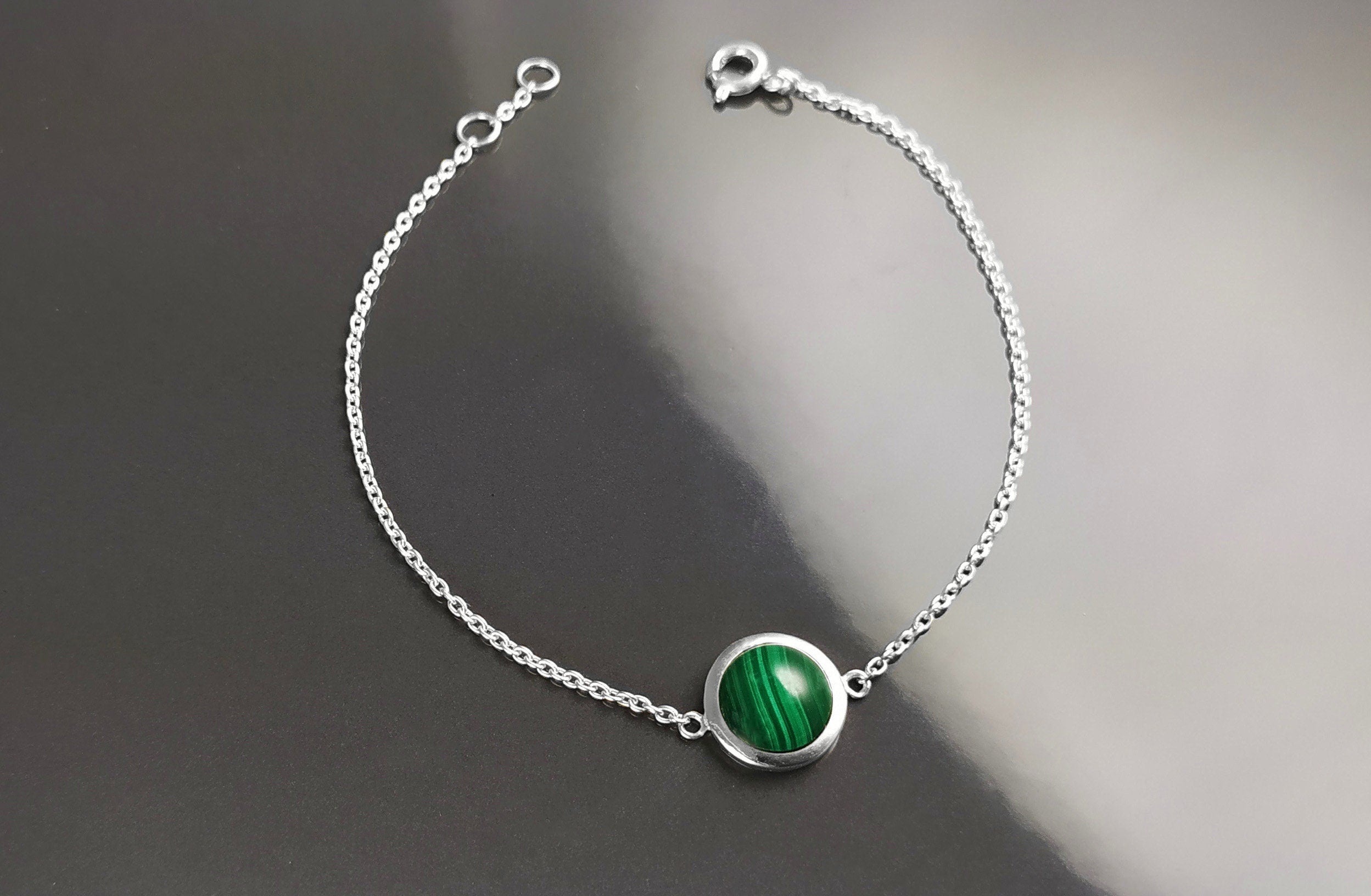 Green Round Bracelet, Sterling Silver, Genuine Malachite Gemstone, Green Stone Bracelet, Birthstone Jewelry, Modern Minimalist Style Gift