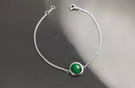 Green Round Bracelet, Sterling Silver, Genuine Malachite Gemstone, Green Stone Bracelet, Birthstone Jewelry, Modern Minimalist Style Gift