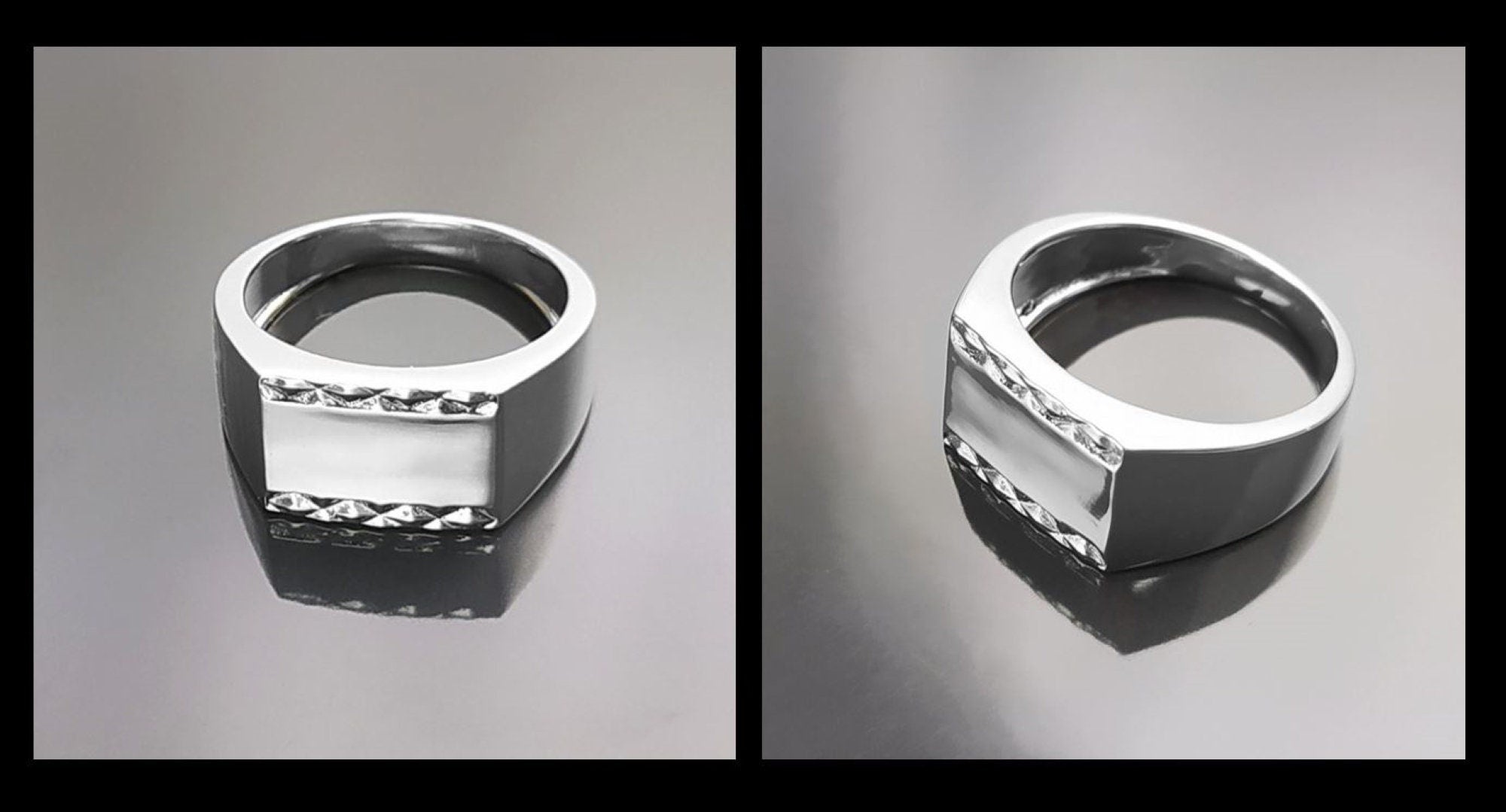Rectangle Signet Ring, Sterling Silver, Mens Signet Ring, Diamond Faceted Borders, Unisex jewelry Gift, Engraving Name Initials Option