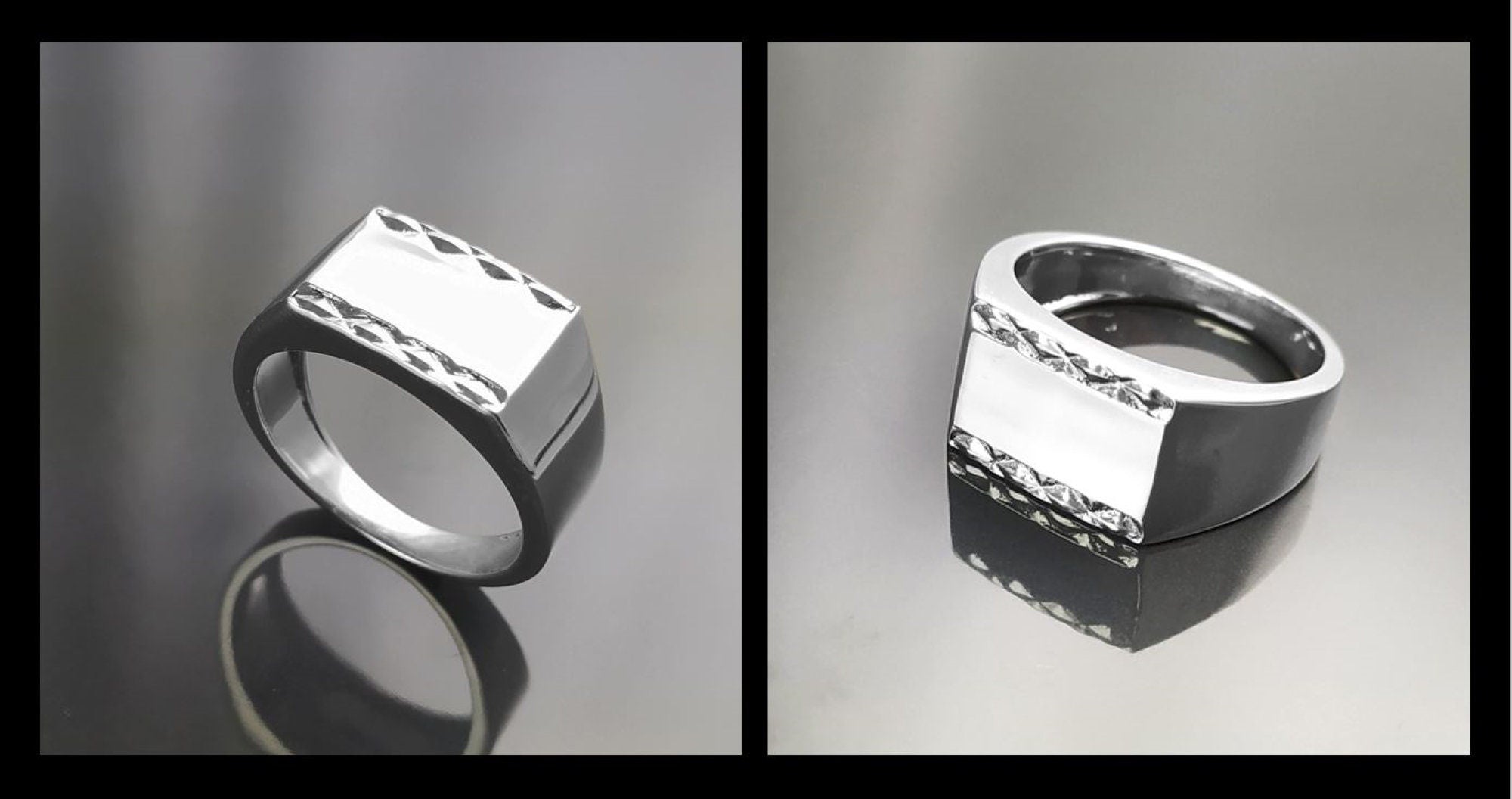 Rectangle Signet Ring, Sterling Silver, Mens Signet Ring, Diamond Faceted Borders, Unisex jewelry Gift, Engraving Name Initials Option