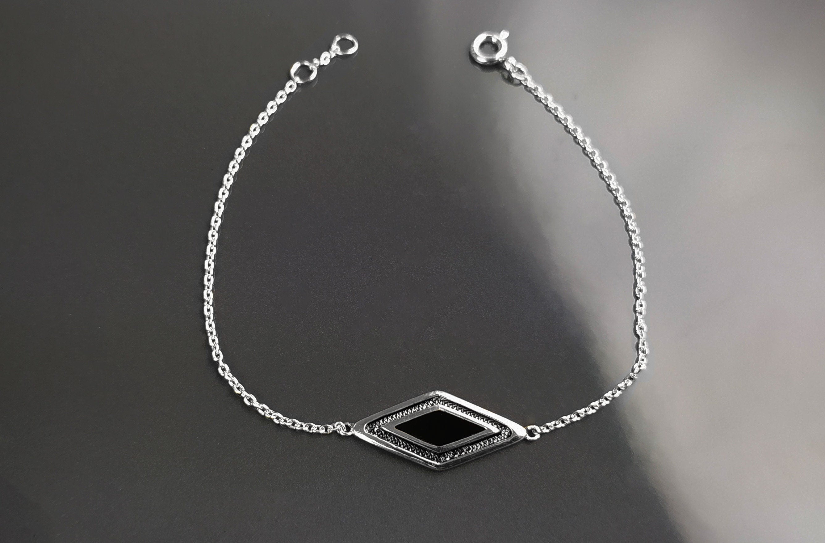 Black Eye Bracelet, Sterling Silver, Oval Black Color Onyx Stone, Spiritual Protection jewelry, Third Eye Against Evil Ring, Positive Energy