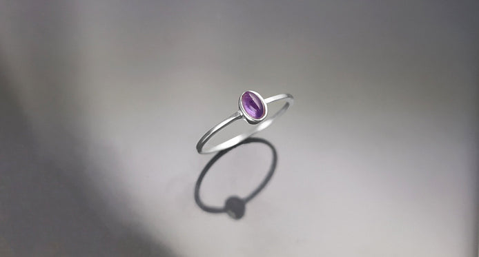 Tiny Amethyst Ring, Sterling Silver, Modern Minimalist Ring, Small Purple Oval Stone, Genuine Amethyst Gemstone, Small Ring, Dainty Ring