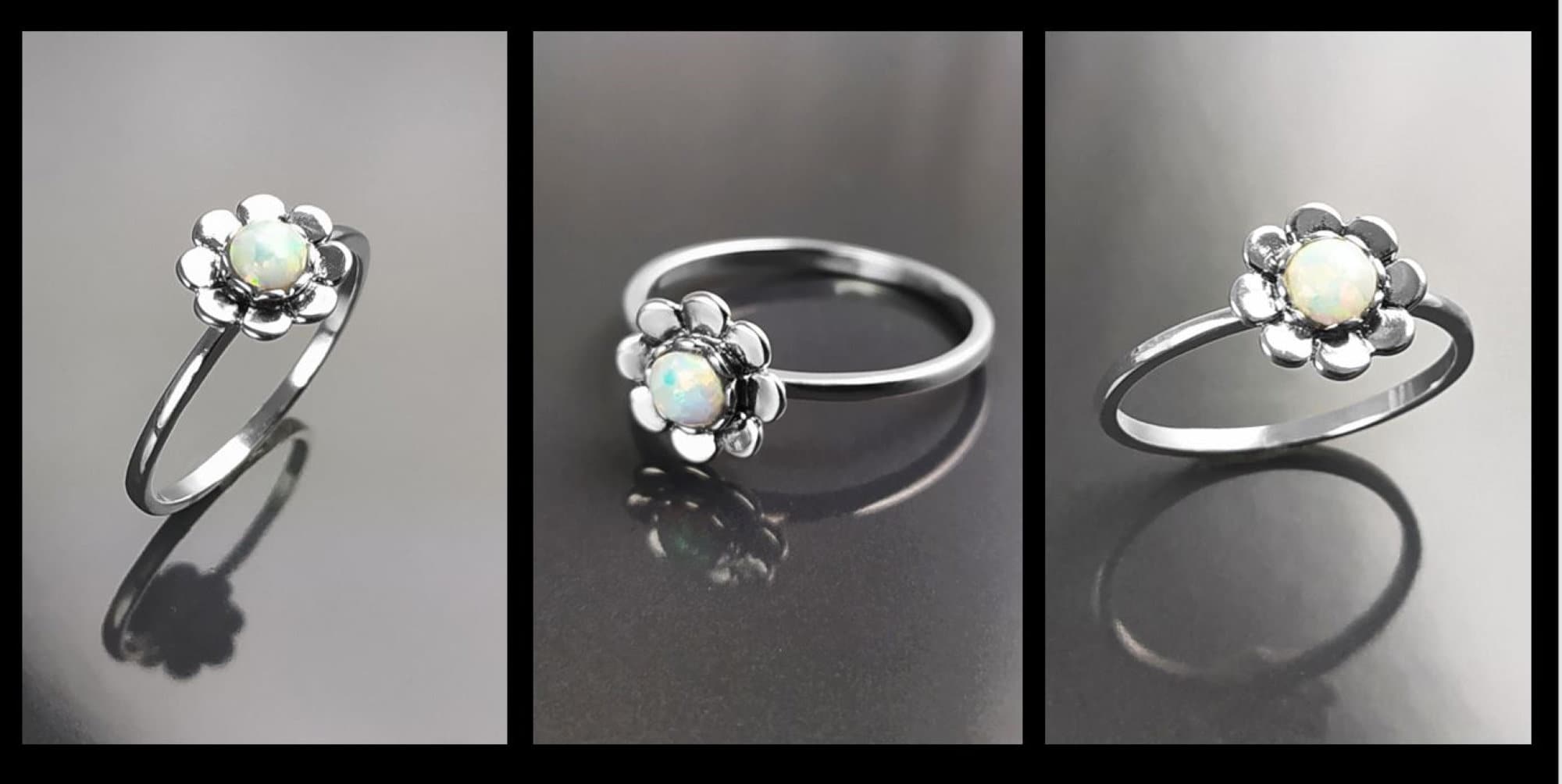 925 Opal Flower Ring, Sterling Silver, Fiery Opal Stone Jewelry, Round White Fire Rainbow Stone Ring, October Birthstone