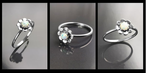 925 Opal Flower Ring, Sterling Silver, Fiery Opal Stone Jewelry, Round White Fire Rainbow Stone Ring, October Birthstone