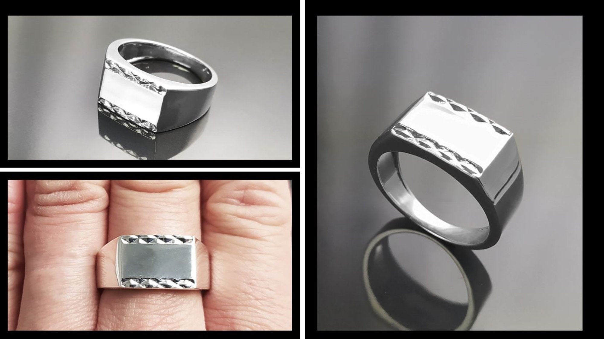 Initials signet ring, sterling silver, rectangle horizontal square ring, personal monogram jewelry, hipster signet ring