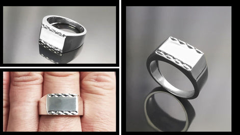 Rectangle Signet Ring, Sterling Silver, Mens Signet Ring, Diamond Faceted Borders, Unisex jewelry Gift, Engraving Name Initials Option