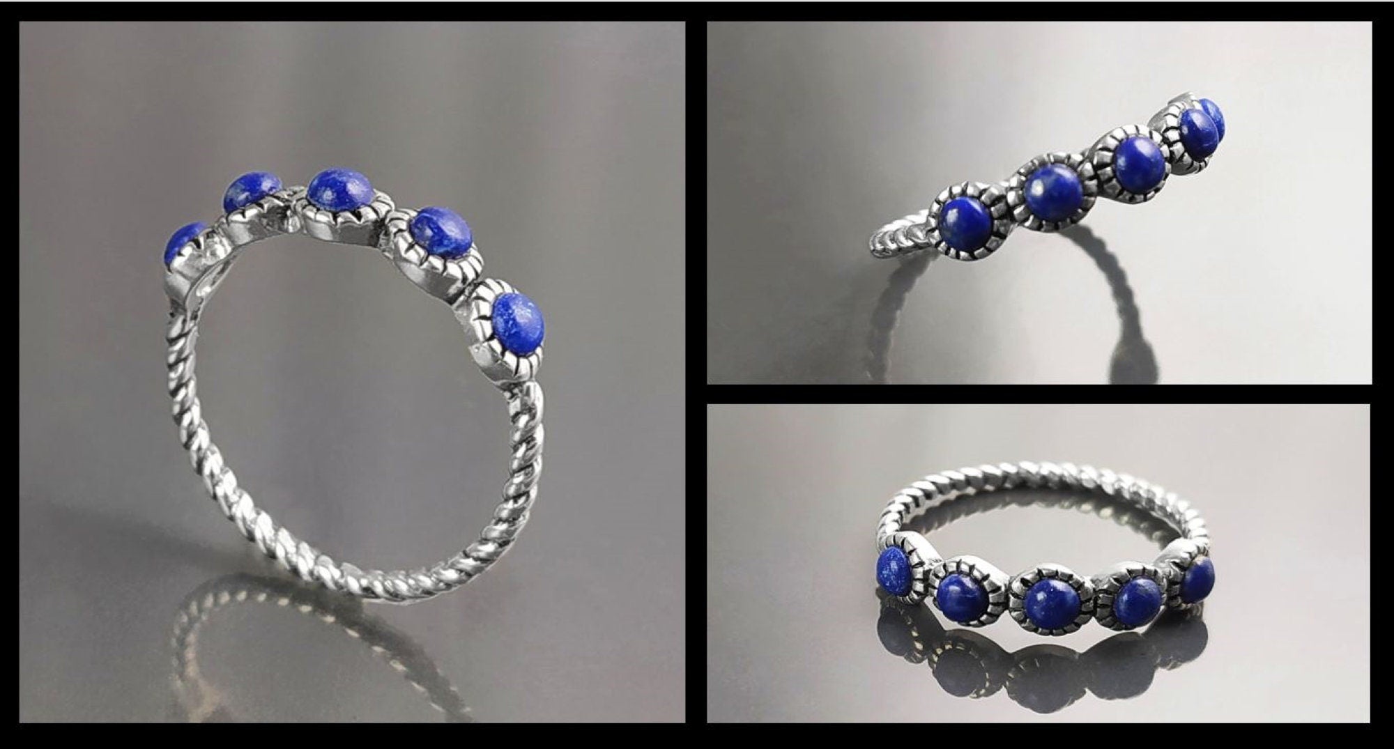 Blue Lapis Round Stones Ring, Sterling Silver, Genuine Lapis Blue Stone, Braided Band, Rope Antique Jewelry, Stackable Ring, Dark Blue Ring