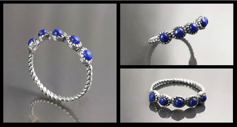 Blue Lapis Round Stones Ring, Sterling Silver, Genuine Lapis Blue Stone, Braided Band, Rope Antique Jewelry, Stackable Ring, Dark Blue Ring