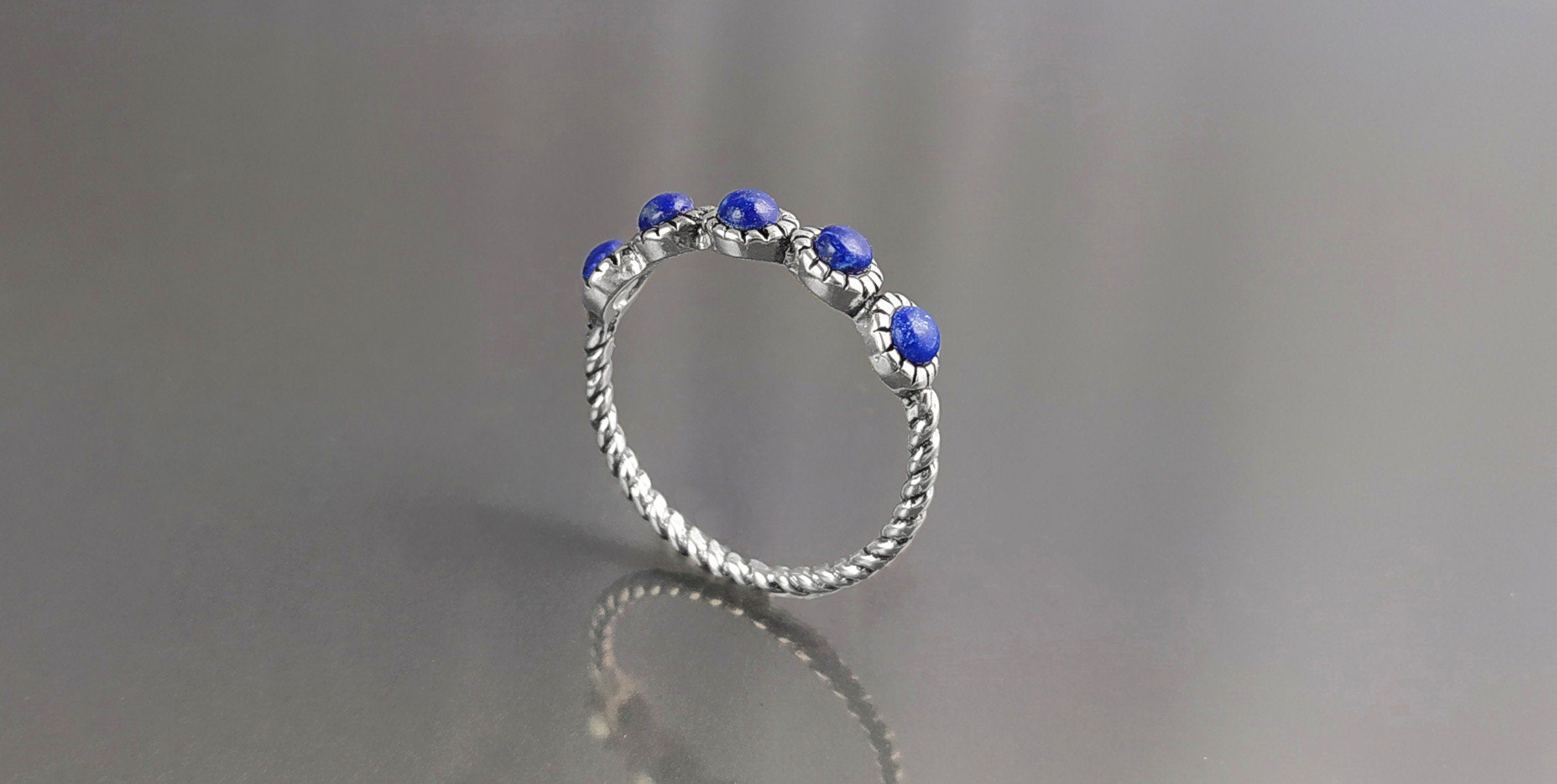 Blue Lapis Round Stones Ring, Sterling Silver, Genuine Lapis Blue Stone, Braided Band, Rope Antique Jewelry, Stackable Ring, Dark Blue Ring