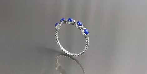 Blue Lapis Round Stones Ring, Sterling Silver, Genuine Lapis Blue Stone, Braided Band, Rope Antique Jewelry, Stackable Ring, Dark Blue Ring