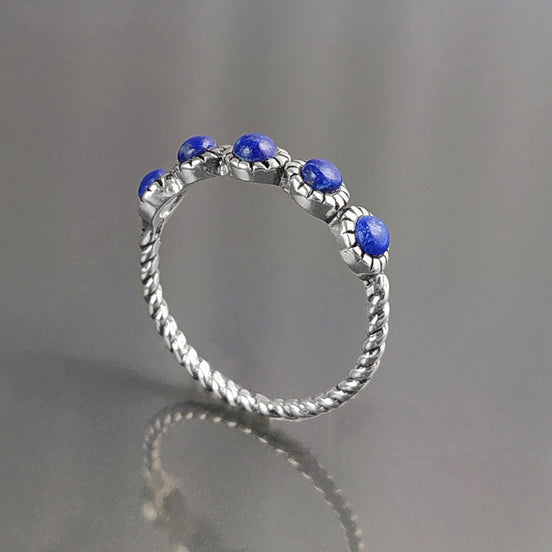 Blue Lapis Round Stones Ring, Sterling Silver, Genuine Lapis Blue Stone, Braided Band, Rope Antique Jewelry, Stackable Ring, Dark Blue Ring