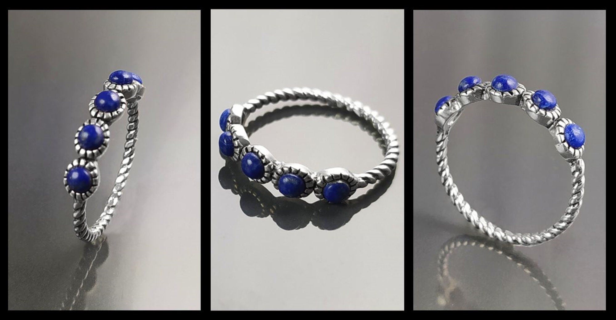 Blue Lapis Round Stones Ring, Sterling Silver, Genuine Lapis Blue Stone, Braided Band, Rope Antique Jewelry, Stackable Ring, Dark Blue Ring