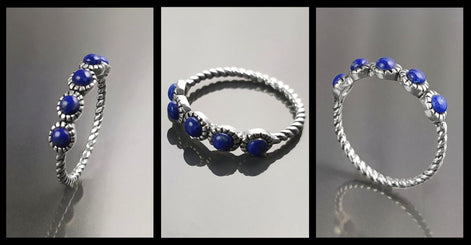 Blue Lapis Round Stones Ring, Sterling Silver, Genuine Lapis Blue Stone, Braided Band, Rope Antique Jewelry, Stackable Ring, Dark Blue Ring