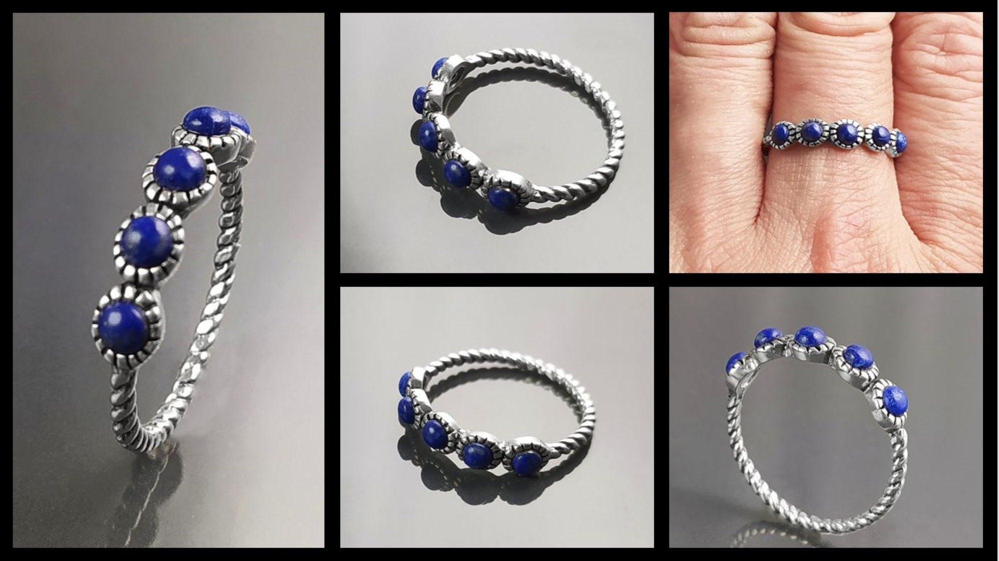 Blue Lapis Round Stones Ring, Sterling Silver, Genuine Lapis Blue Stone, Braided Band, Rope Antique Jewelry, Stackable Ring, Dark Blue Ring
