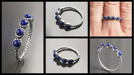 Blue Lapis Round Stones Ring, Sterling Silver, Genuine Lapis Blue Stone, Braided Band, Rope Antique Jewelry, Stackable Ring, Dark Blue Ring