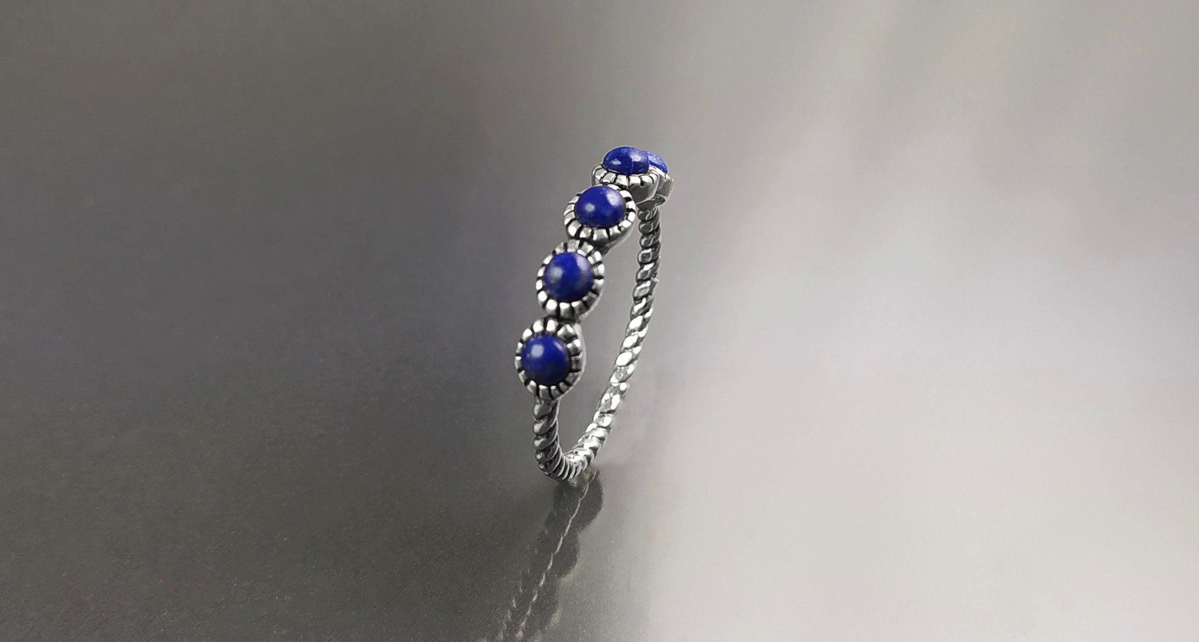 Blue Lapis Round Stones Ring, Sterling Silver, Genuine Lapis Blue Stone, Braided Band, Rope Antique Jewelry, Stackable Ring, Dark Blue Ring