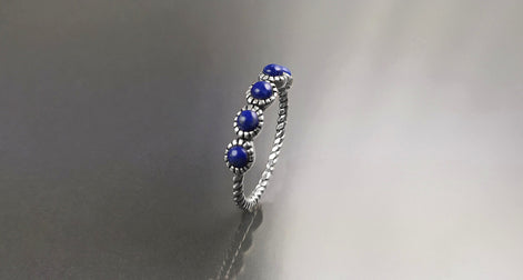 Blue Lapis Round Stones Ring, Sterling Silver, Genuine Lapis Blue Stone, Braided Band, Rope Antique Jewelry, Stackable Ring, Dark Blue Ring