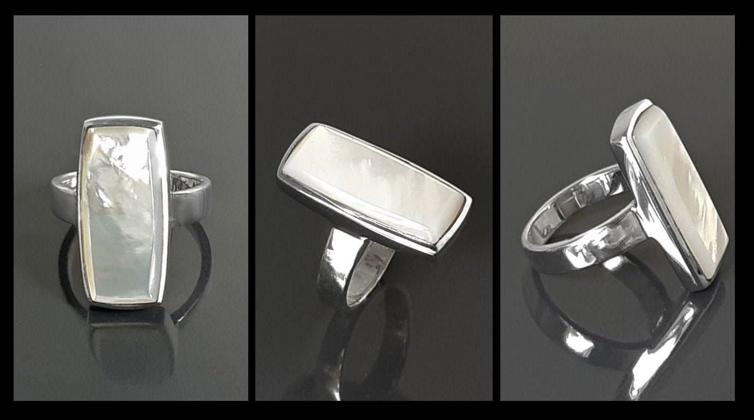 Sterling Silver Rectangle Mother-of-Pearl Ring, Modern Statement Jewelry