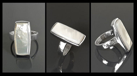 Sterling Silver Rectangle Mother-of-Pearl Ring, Modern Statement Jewelry