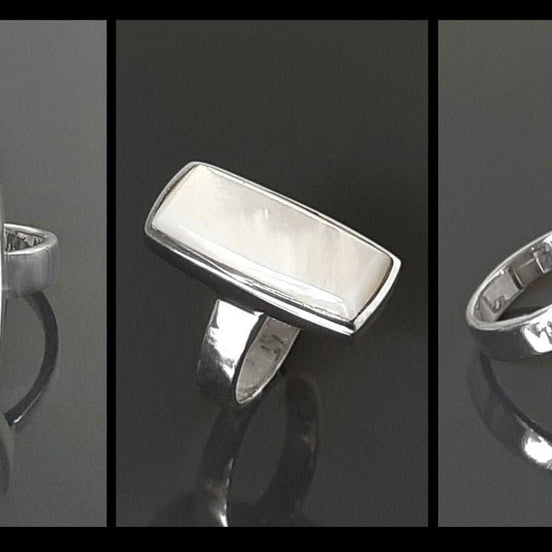 Sterling Silver Rectangle Mother-of-Pearl Ring, Modern Statement Jewelry