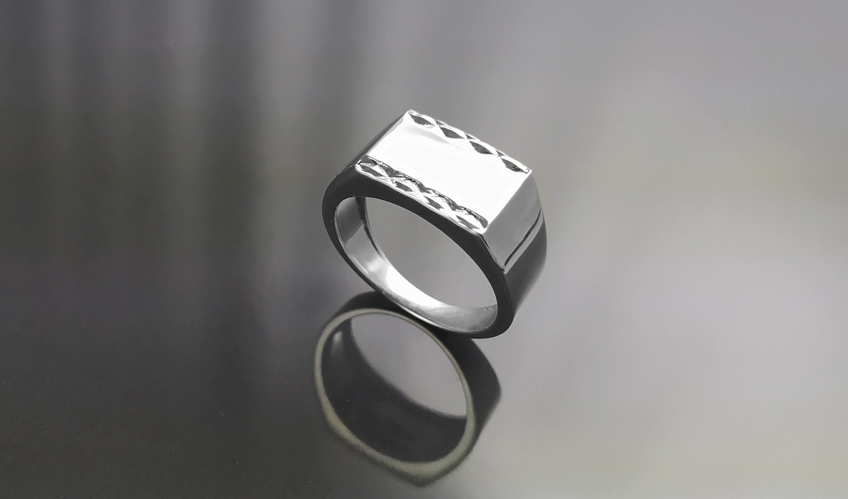 Rectangle Signet Ring, Sterling Silver, Mens Signet Ring, Diamond Faceted Borders, Unisex jewelry Gift, Engraving Name Initials Option