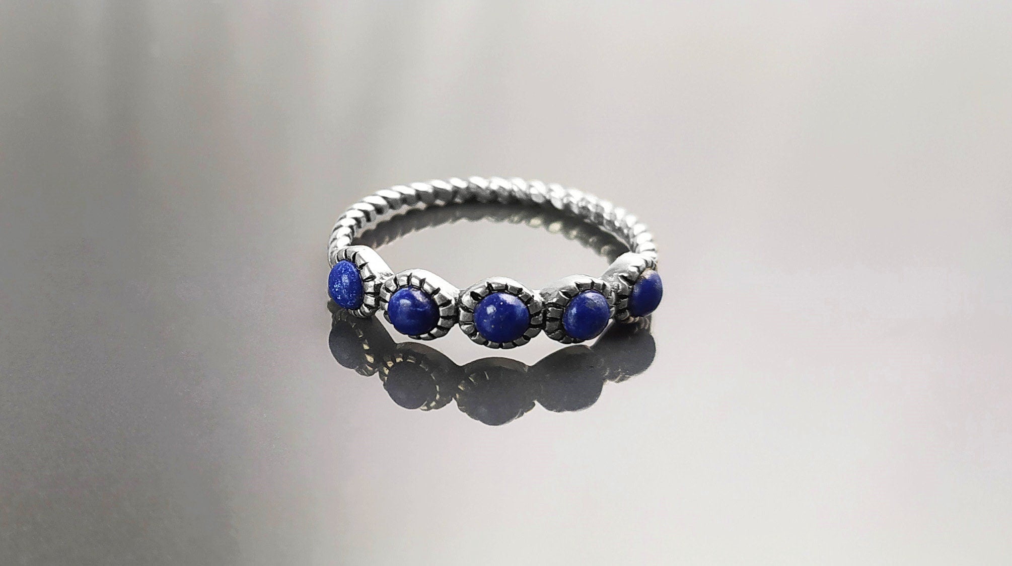Blue Lapis Round Stones Ring, Sterling Silver, Genuine Lapis Blue Stone, Braided Band, Rope Antique Jewelry, Stackable Ring, Dark Blue Ring