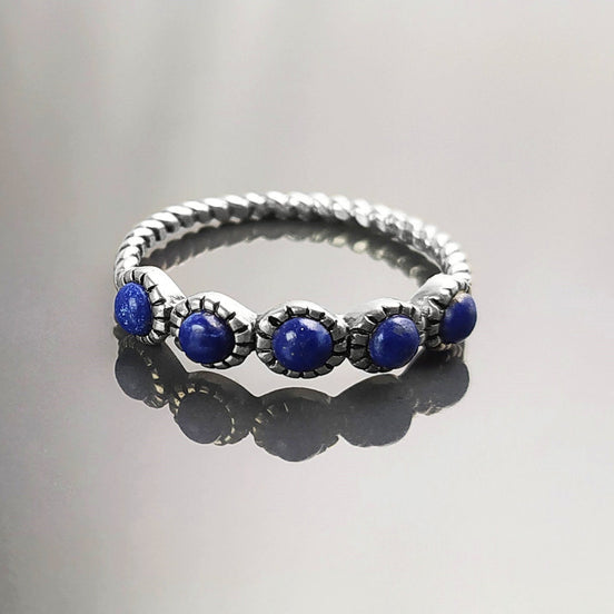 Blue Lapis Round Stones Ring, Sterling Silver, Genuine Lapis Blue Stone, Braided Band, Rope Antique Jewelry, Stackable Ring, Dark Blue Ring