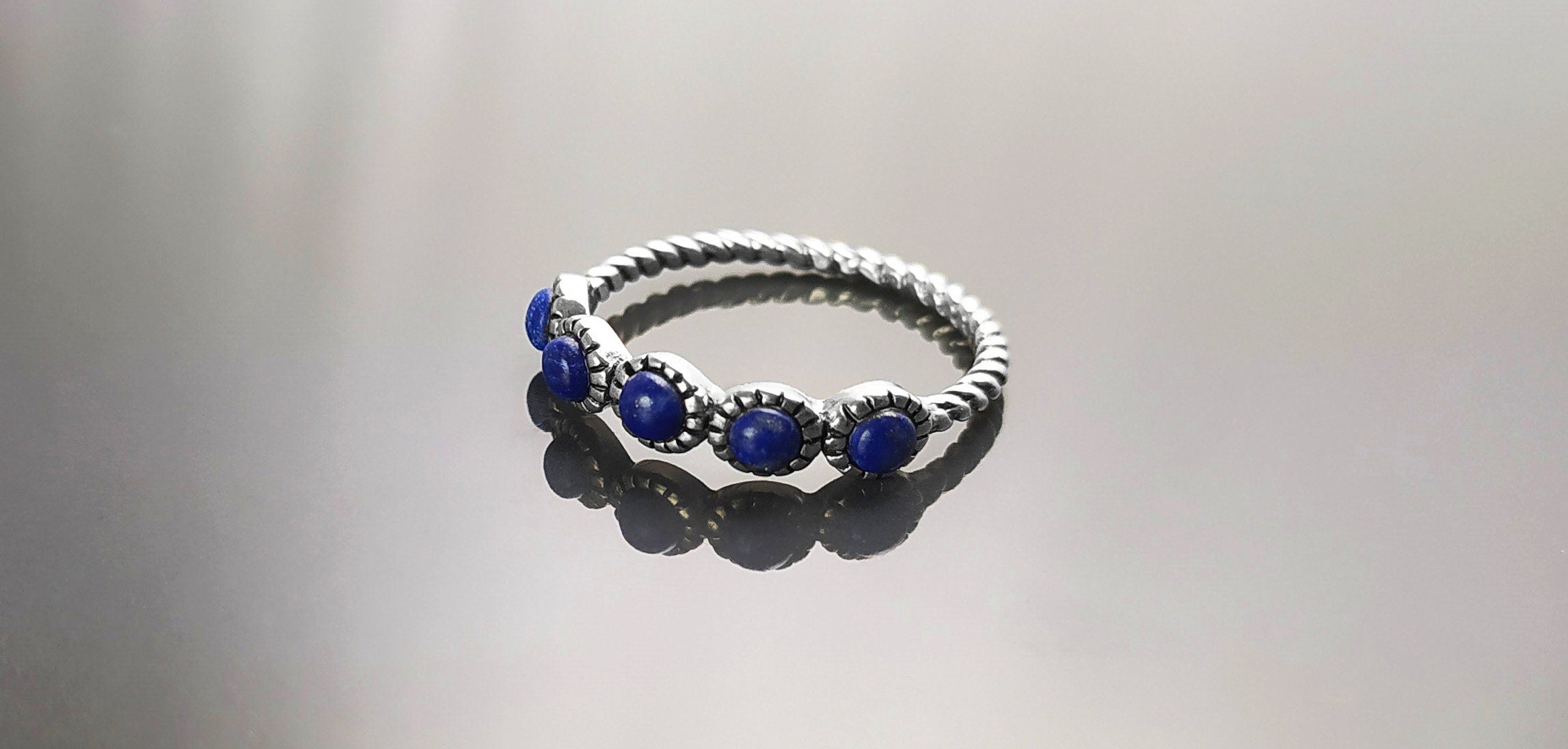 Blue Lapis Round Stones Ring, Sterling Silver, Genuine Lapis Blue Stone, Braided Band, Rope Antique Jewelry, Stackable Ring, Dark Blue Ring