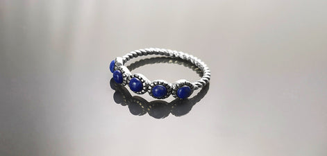 Blue Lapis Round Stones Ring, Sterling Silver, Genuine Lapis Blue Stone, Braided Band, Rope Antique Jewelry, Stackable Ring, Dark Blue Ring