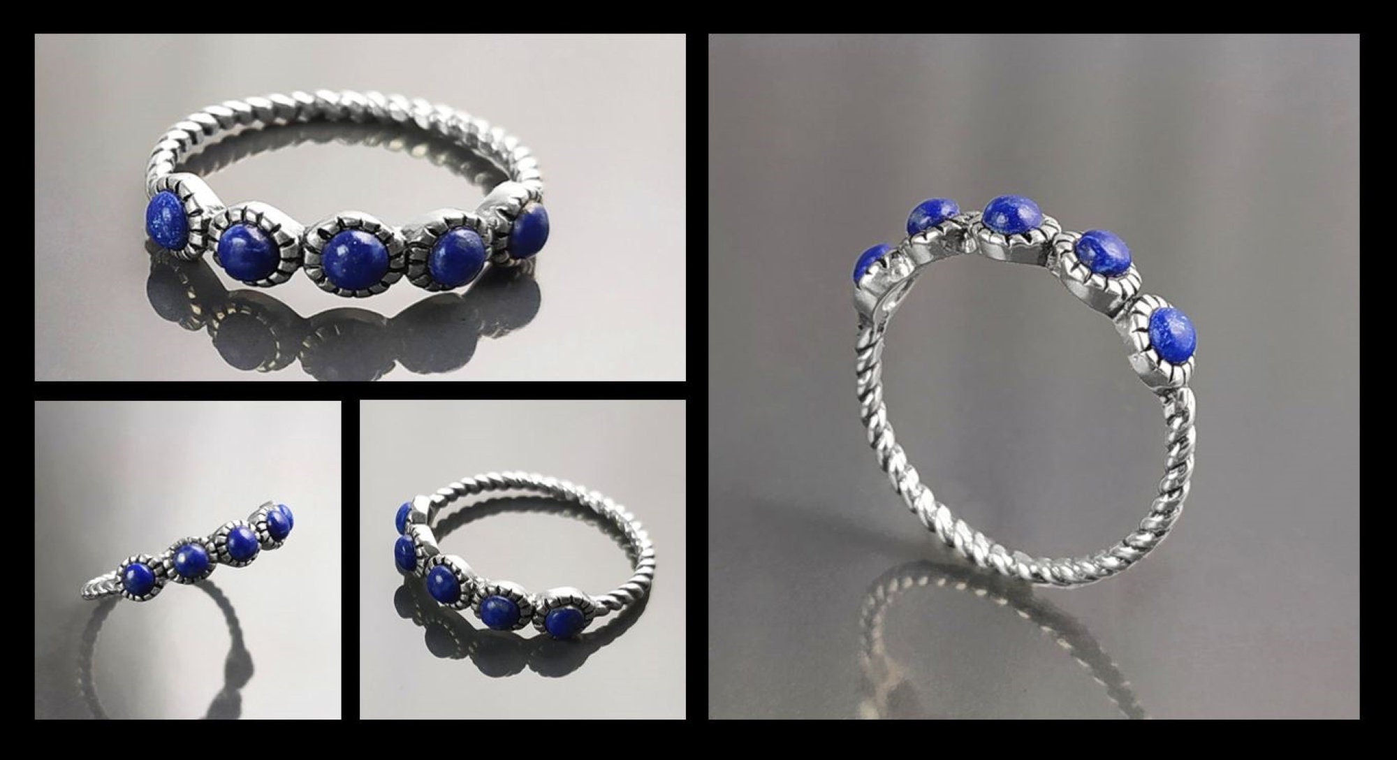 Blue Lapis Round Stones Ring, Sterling Silver, Genuine Lapis Blue Stone, Braided Band, Rope Antique Jewelry, Stackable Ring, Dark Blue Ring