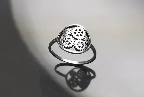 Engrenages ring, sterling silver, gear ring, engineering jewelry, clock mechanical jewelry, transmission ring, Steampunk Geometry Round Ring