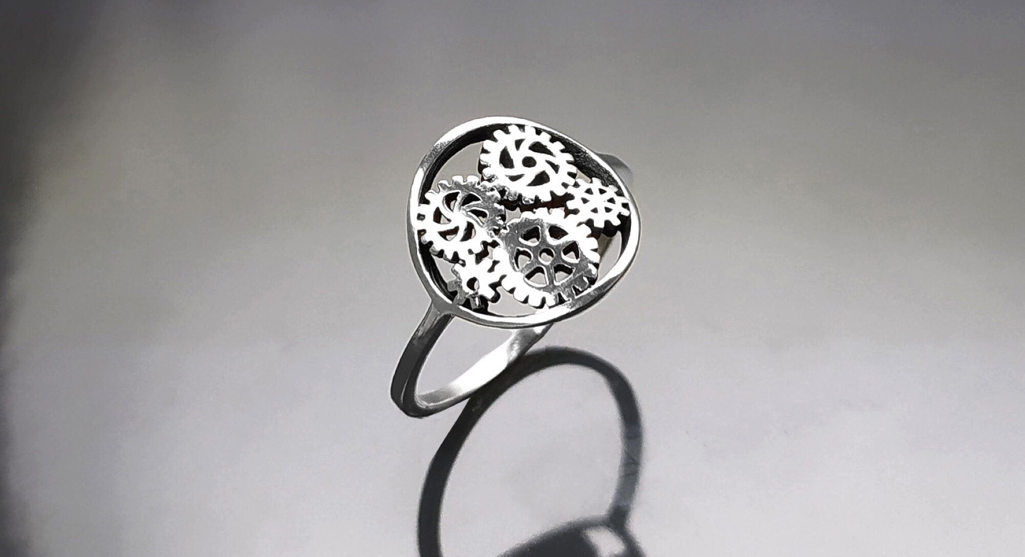 Engrenages ring, sterling silver, gear ring, engineering jewelry, clock mechanical jewelry, transmission ring, Steampunk Geometry Round Ring