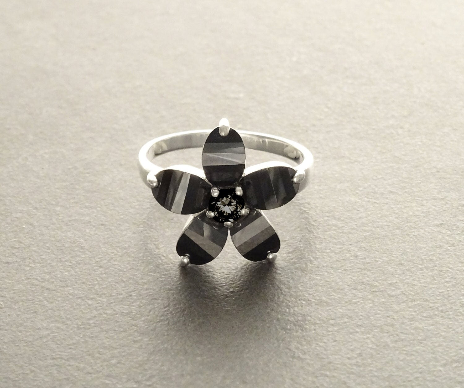 Black flower ring, sterling silver, black color Cz stone, five petals stones flowers, modern dark Gothic jewelry