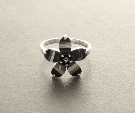 Black flower ring, sterling silver, black color Cz stone, five petals stones flowers, modern dark Gothic jewelry