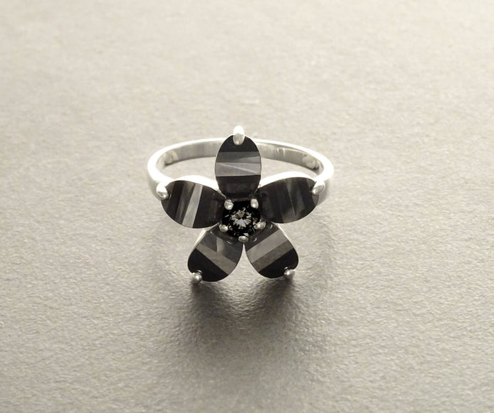 Black flower ring, sterling silver, black color Cz stone, five petals stones flowers, modern dark Gothic jewelry