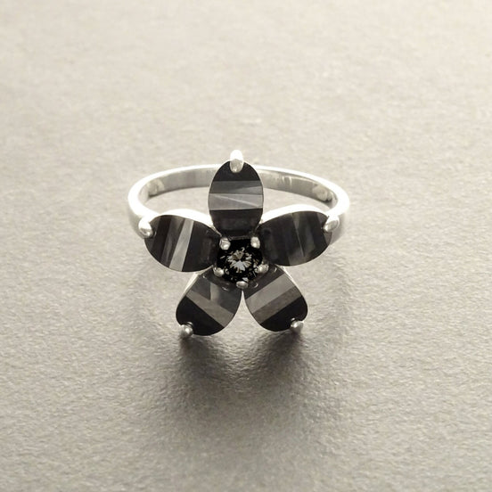 Black flower ring, sterling silver, black color Cz stone, five petals stones flowers, modern dark Gothic jewelry