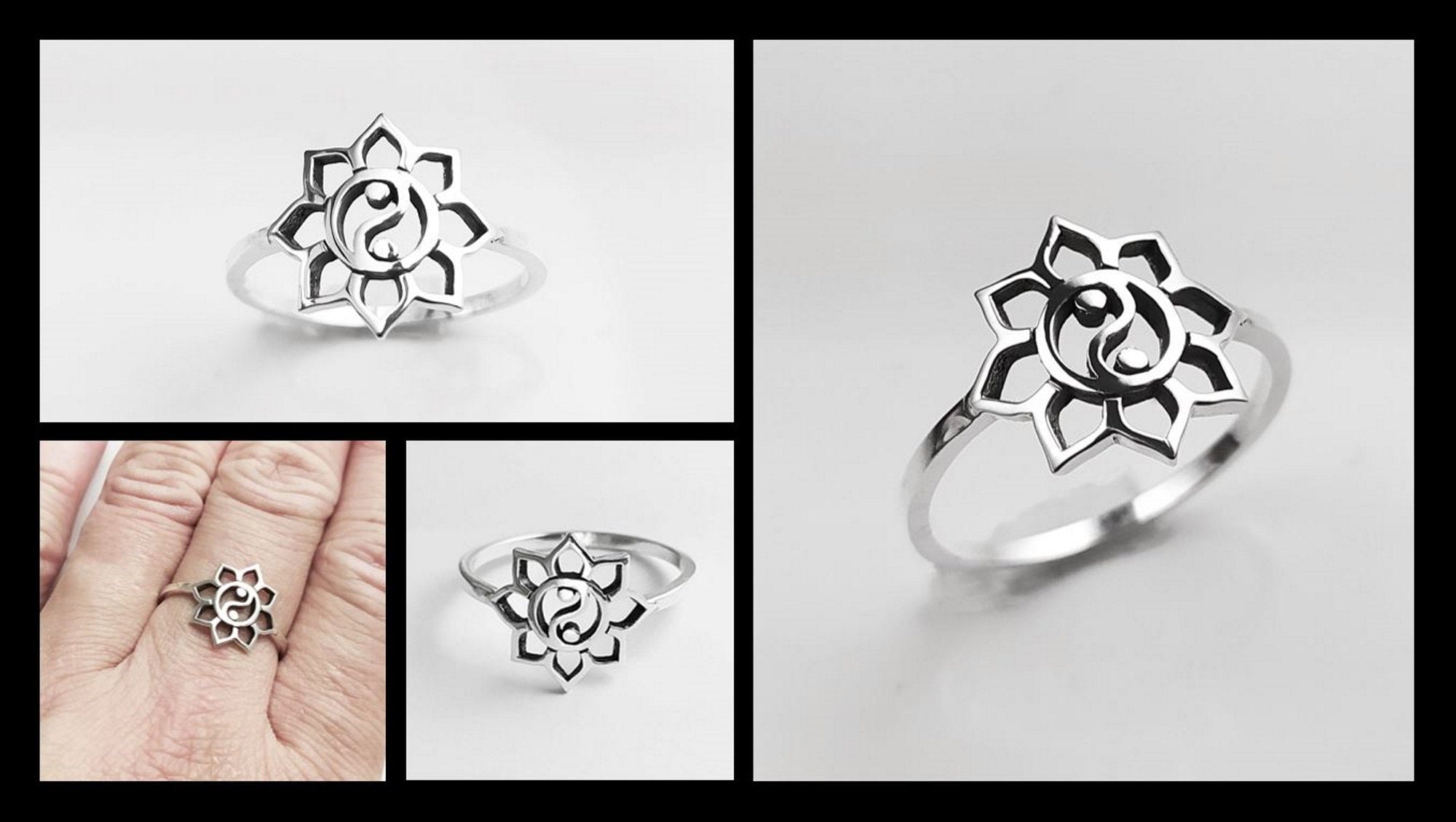 Lotus Yin Yang Ring, Sterling Silver, Spiritual Jewelry, Oriental Asian Zen Jewelry, Balance Yoga Ring, Mandala Spirit Ring