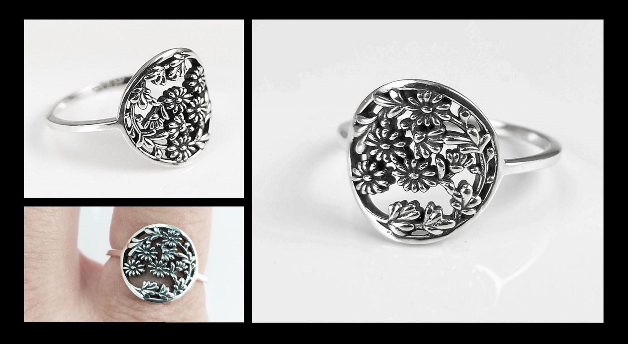 Flower Daisy Ring, Sterling Silver, Daisies Pattern, Floral Jewelry, Flower Wreath Ring, Bouquet of Flowers Crown Ring, Spring Jewelry