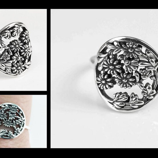 Flower Daisy Ring, Sterling Silver, Daisies Pattern, Floral Jewelry, Flower Wreath Ring, Bouquet of Flowers Crown Ring, Spring Jewelry
