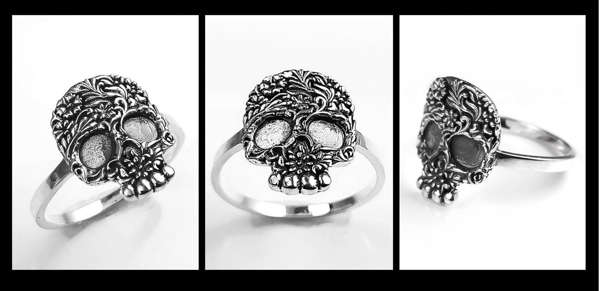 Trois vues d'une bague en argent avec un motif de crâne détaillé. Le crâne est orné de motifs floraux complexes.