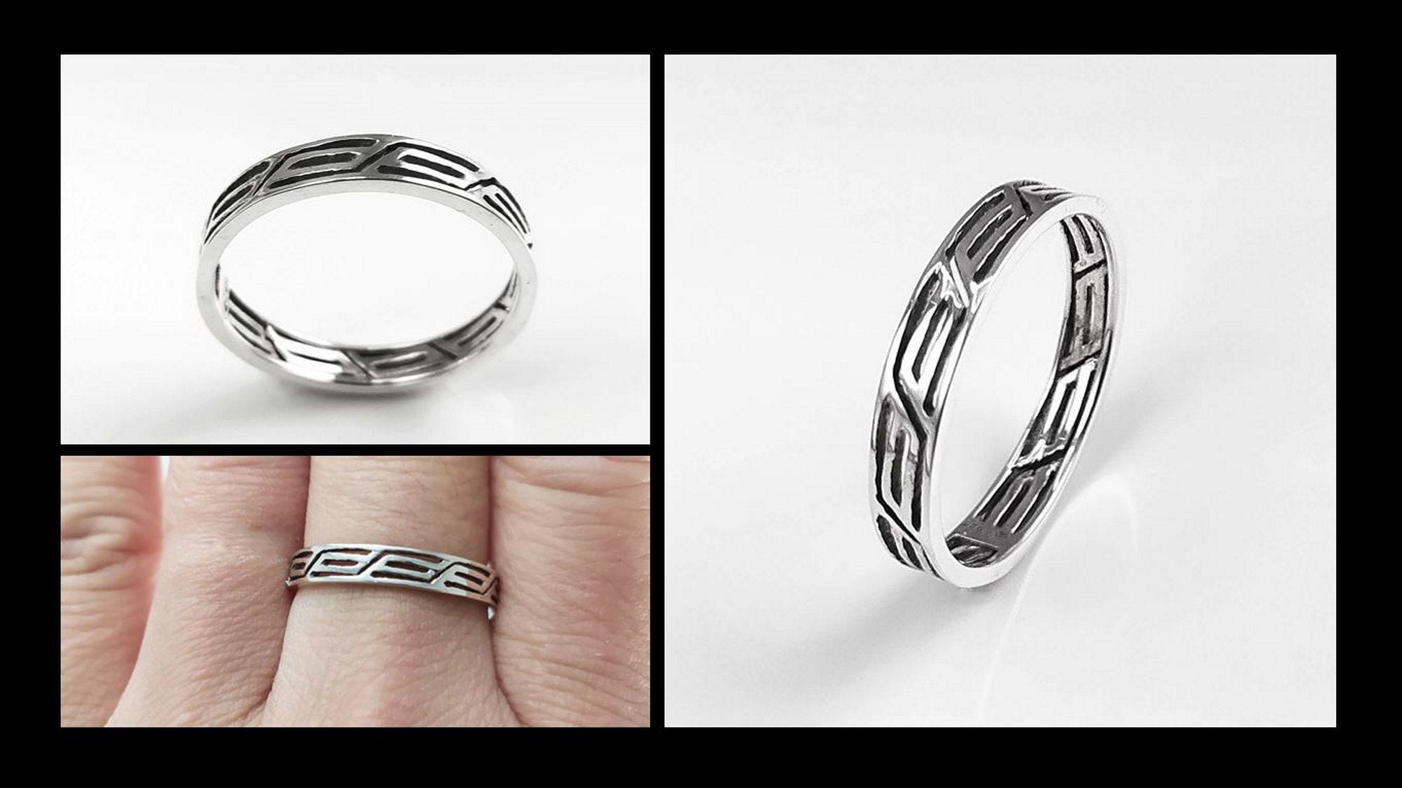 Openwork Band Ring, Sterling Silver, Unisex Modern Ring, Open Lace, Contemporary Greek Key Frieze, Women Men gift