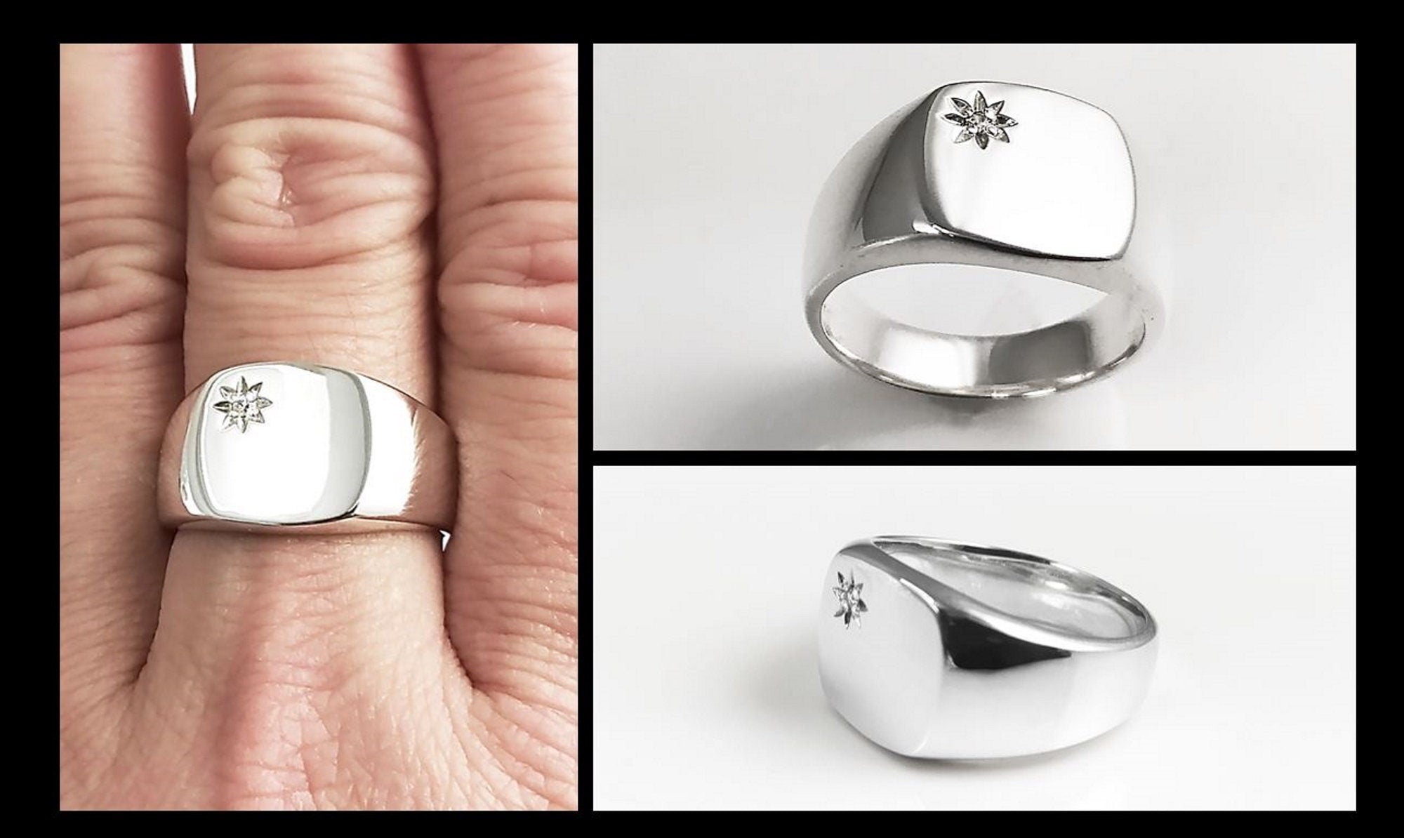 925 Square Sterling Silver Signet Ring with CZ Stone, Initials Engraving