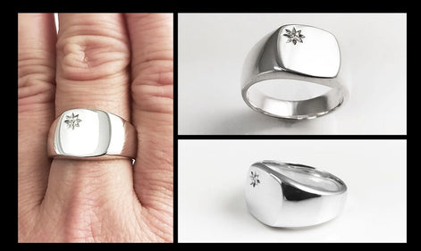 925 Square Sterling Silver Signet Ring with CZ Stone, Initials Engraving