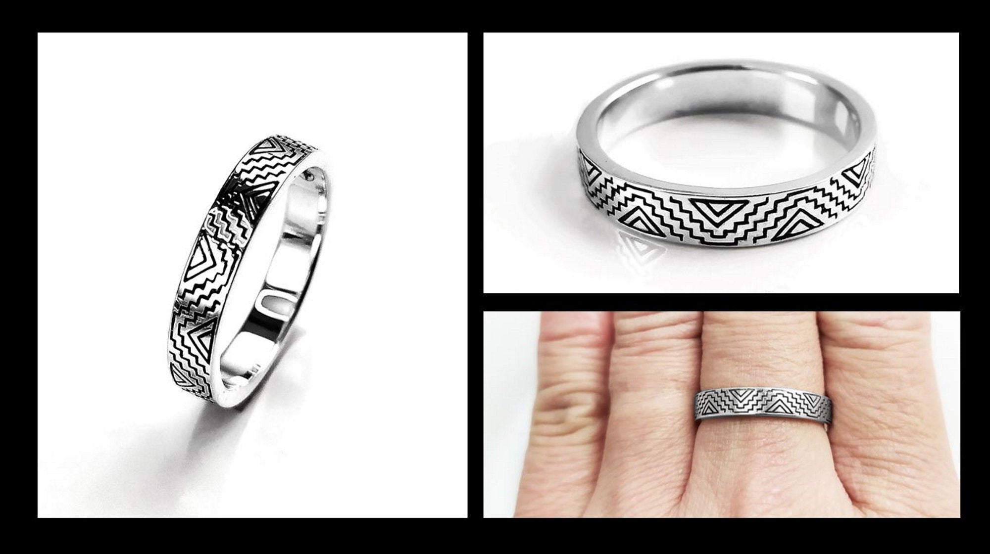 Mayan Band Ring, Sterling Silver, Mesoamerican Geometric Aztec Ancient Symbols Inca Temple Maya civilization Symbols Unisex Jewelry