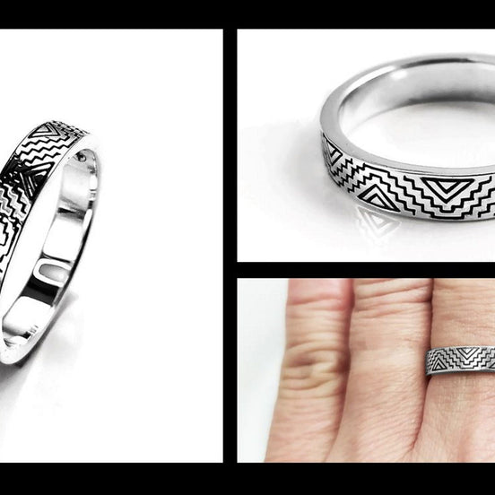 Mayan Band Ring, Sterling Silver, Mesoamerican Geometric Aztec Ancient Symbols Inca Temple Maya civilization Symbols Unisex Jewelry