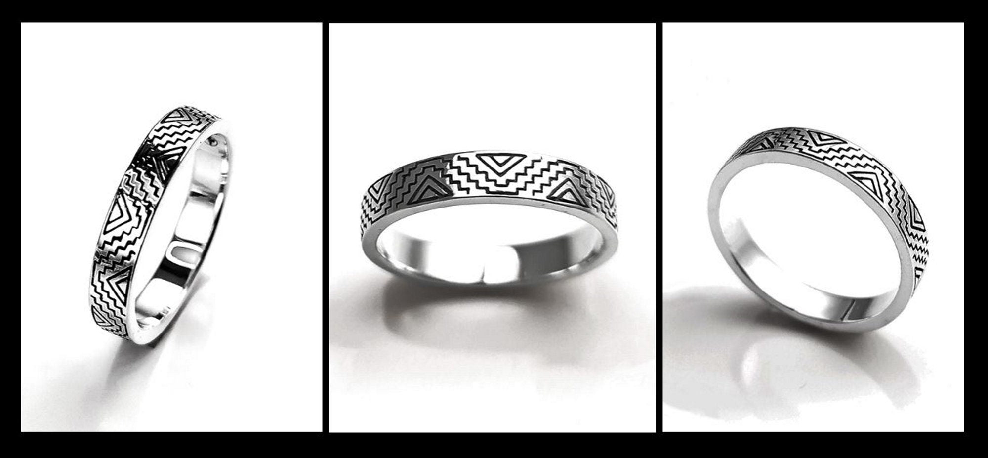 Mayan Band Ring, Sterling Silver, Mesoamerican Geometric Aztec Ancient Symbols Inca Temple Maya civilization Symbols Unisex Jewelry