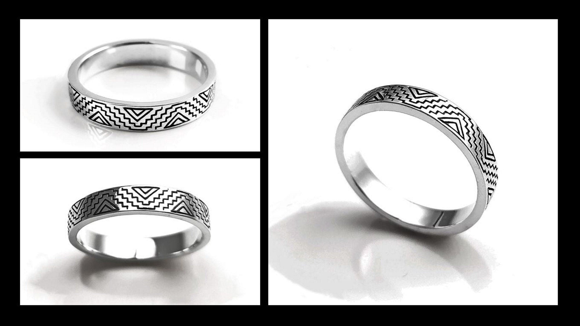 Mayan Band Ring, Sterling Silver, Mesoamerican Geometric Aztec Ancient Symbols Inca Temple Maya civilization Symbols Unisex Jewelry