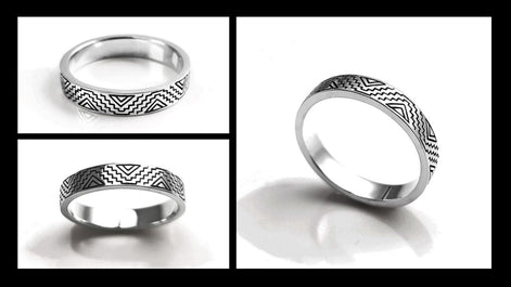 Mayan Band Ring, Sterling Silver, Mesoamerican Geometric Aztec Ancient Symbols Inca Temple Maya civilization Symbols Unisex Jewelry