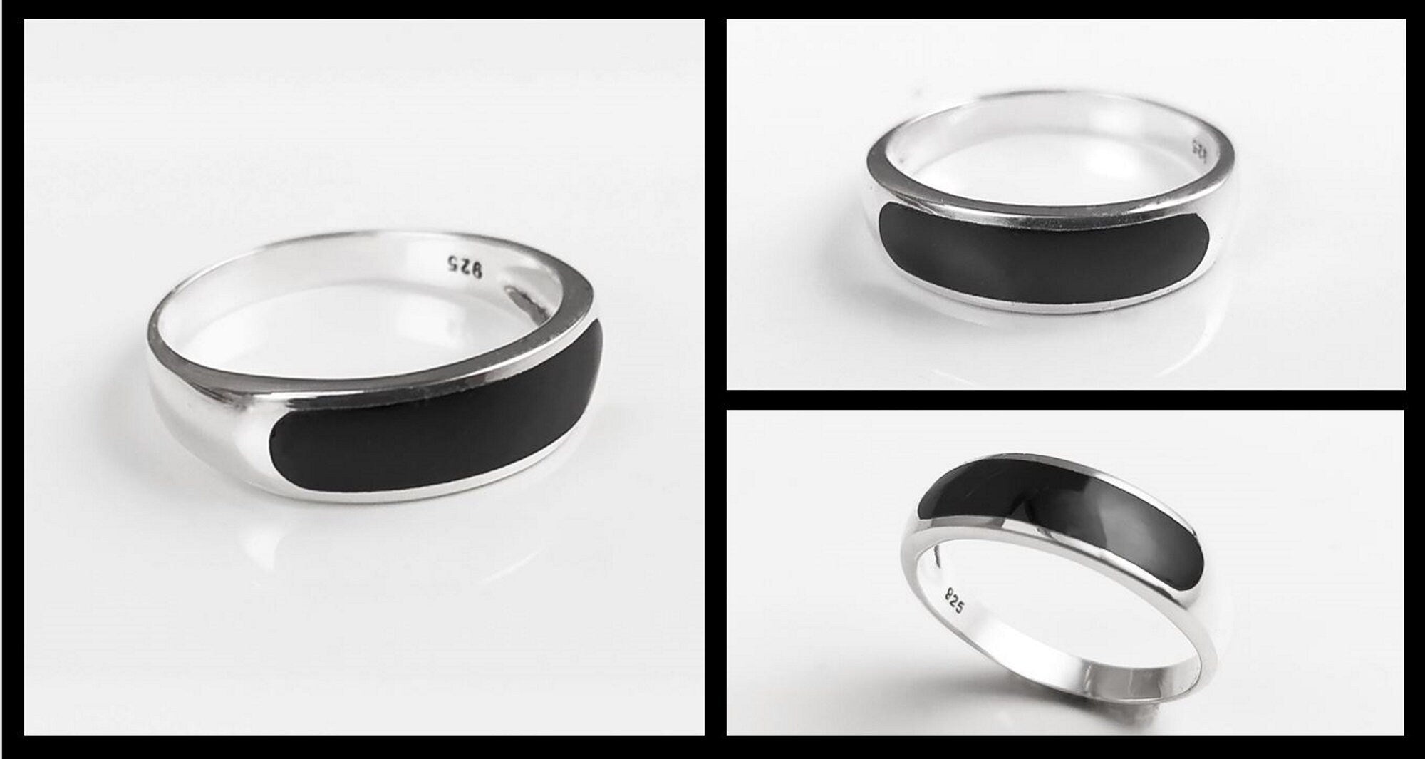 Sterling Silver Signet Ring, Black Onyx Flat Stone Band